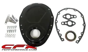 1955-95 CHEVY SMALL BLOCK 283-305-327-350-400 STEEL TIMING CHAIN COVER SET W- TIMING TAB - BLACK