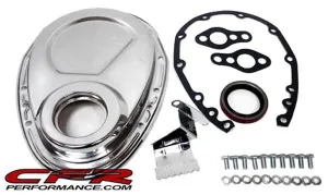 1955-95 CHEVY SMALL BLOCK 283-305-327-350-400 STEEL TIMING CHAIN COVER SET W- TIMING TAB - CHROME