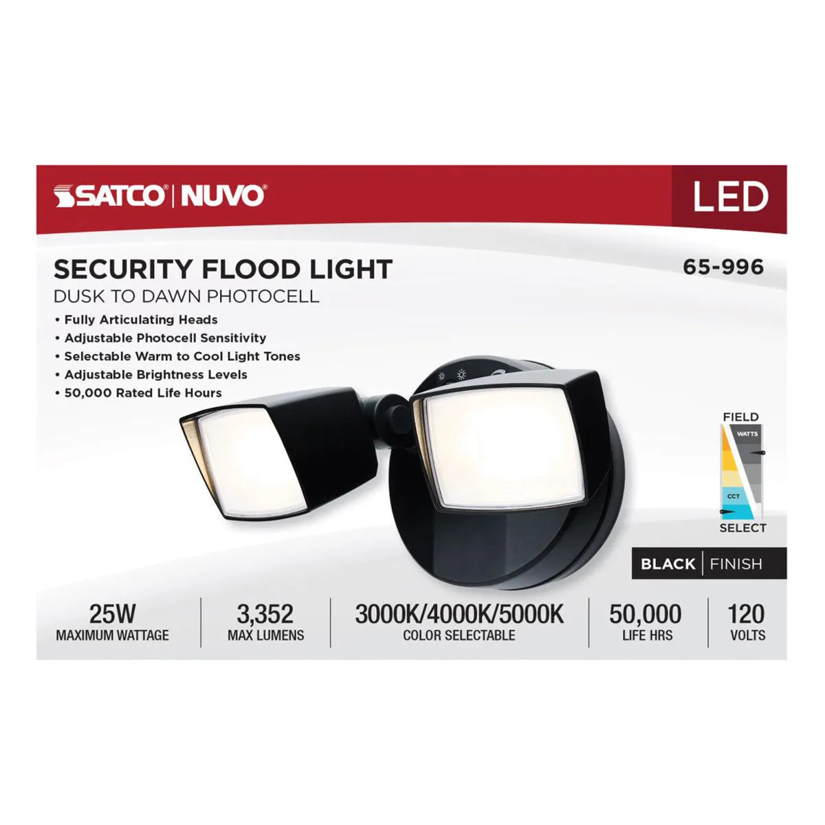 LED Security Flood Light, Dusk To Dawn Photocell, 3350 Lumens, 30K/40K/50K, Black